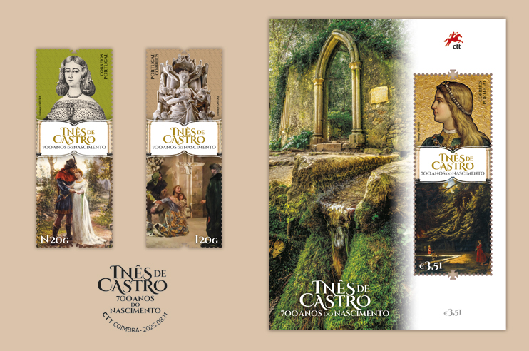 Imagem de selos de Inês de Castro com cenas históricas e paisagens naturais ao fundo.