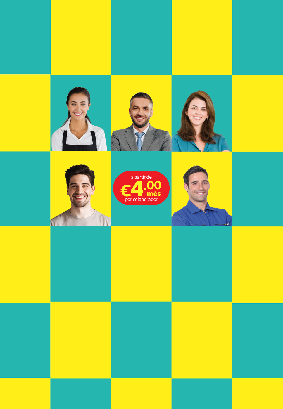 Fundo amarelo e azul , com diversas pessoas e a informação do valor do seguro por cada colaborador.