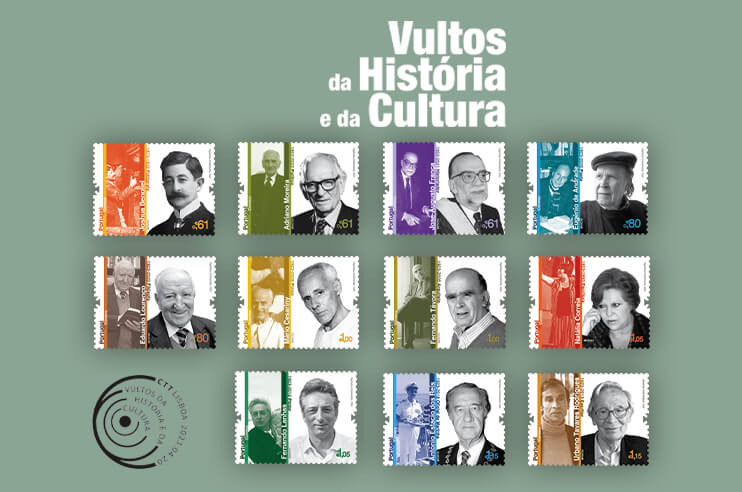 Imagem de selos da emissão dos Vultos da história e cultura
