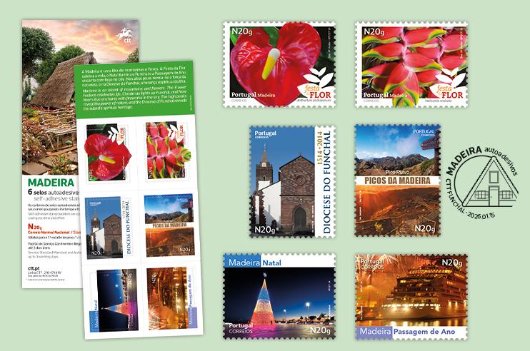 6 selos auoadesivos dedicados à Madeira - Força da Natureza , os picos e a Diocese do funchal