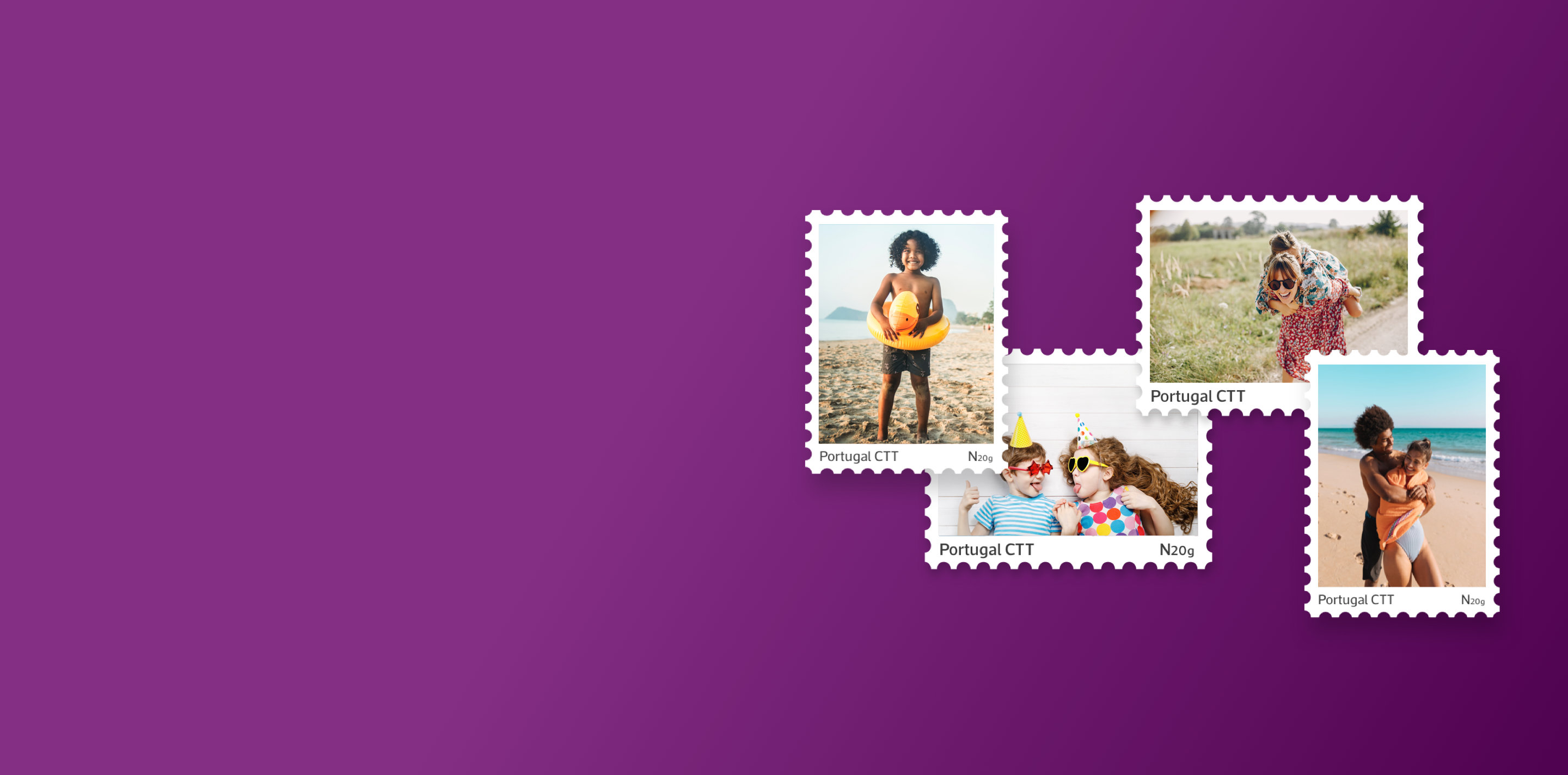 Imagem com fundo roxo, com quatro selos.