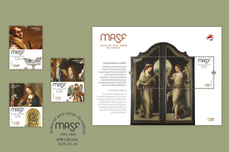 Coleção de selos comemorativos do Museu de Arte Sacra do Funchal (MASF),  imagens relacionadas com o  acervo do museu. Essa coleção celebra os 70 anos do museu, destacando seu papel na preservação da arte sacra na Madeira.