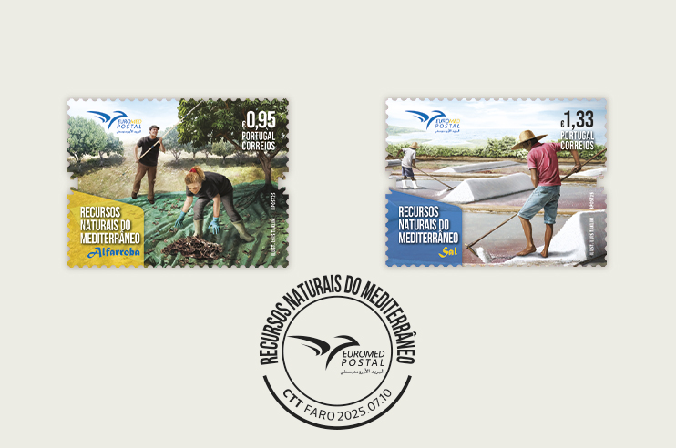 Dois selos postais e um carimbo, todos relacionados ao tema 