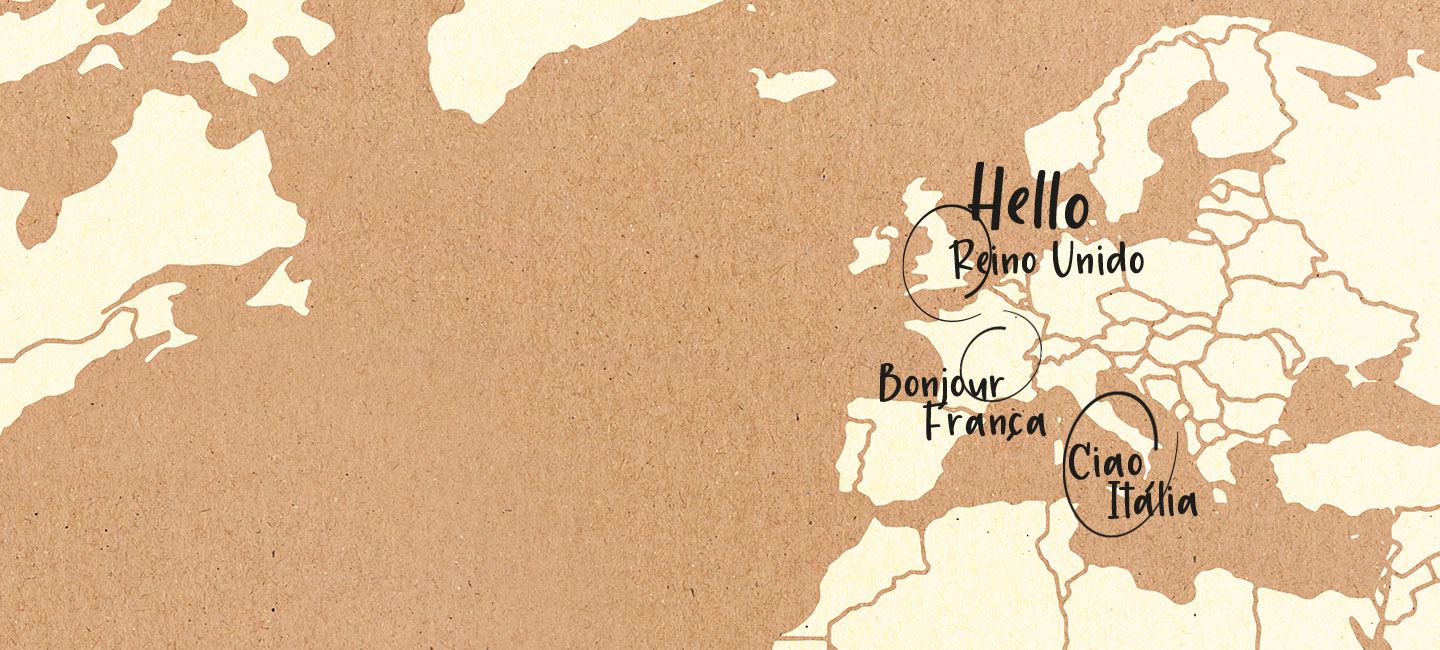 Mapa da Europa com Reino Unido, França e Itália destacados e legendados com saudações nos seus idiomas.