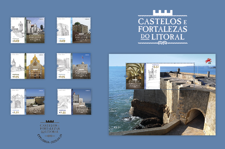 seis selos mais 1 selo com destaque maior , Fortaleza de Sagres , Forte de Santiago em Setubal, Fortaleza e São João Batista no Douro, Muralhas Mediavais em Caminha e de Faro, Forte velho em Peniche  e  São julião da Barra