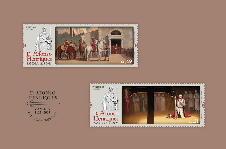 Dois selos comemorativos de Portugal, criados para celebrar D. Afonso Henriques e a cidade de Zamora, no contexto do milénio 