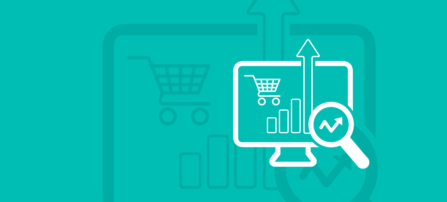 banner com fundo azul turquesa desenhado com um ecran de computador e com carrinha de compras, lupa e barras de gráfico em crescimento