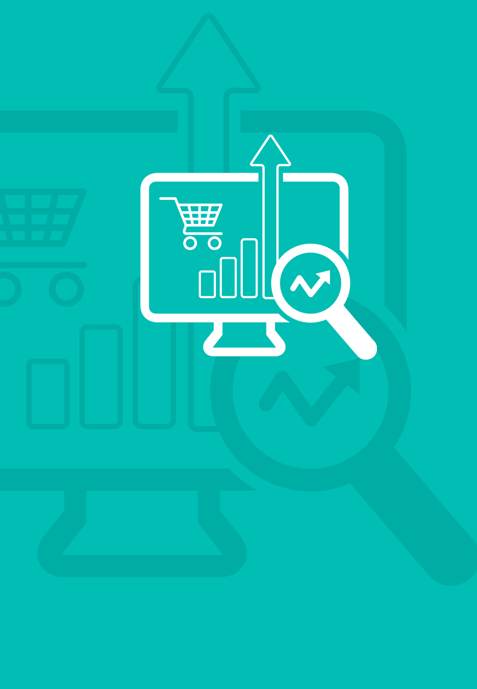 banner com fundo azul turquesa desenhado com um ecran de computador e com carrinha de compras, lupa e barras de gráfico em crescimento