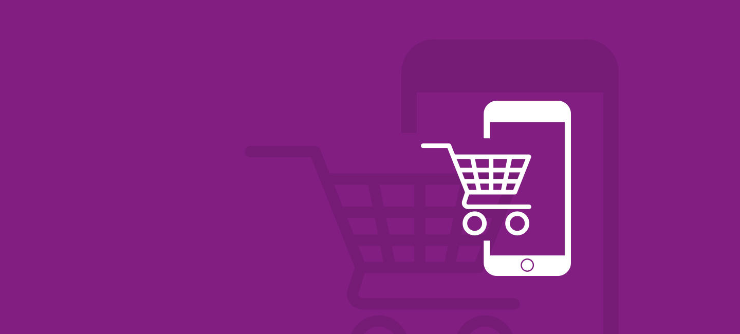 banner com fundo roxo  e desenhado um telemóvel e um carrinho de compras