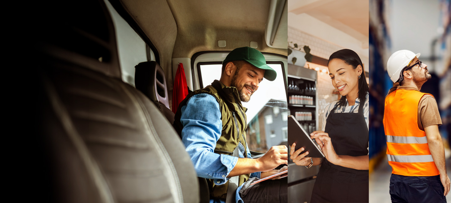 3 indivíduos que representam 3 profissões diferentes: camionista, lojista e engenheiro