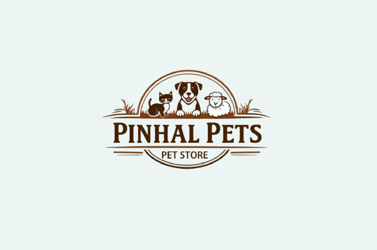 Logótipo da loja Pinhal Pets, com três animais, uma ovelha, um cão, e um gato.