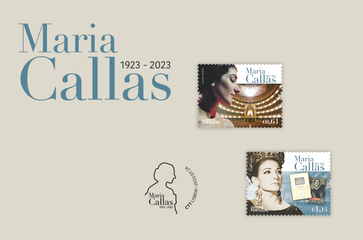 Imagem de selos da emissão 100 Anos de Maria Callas