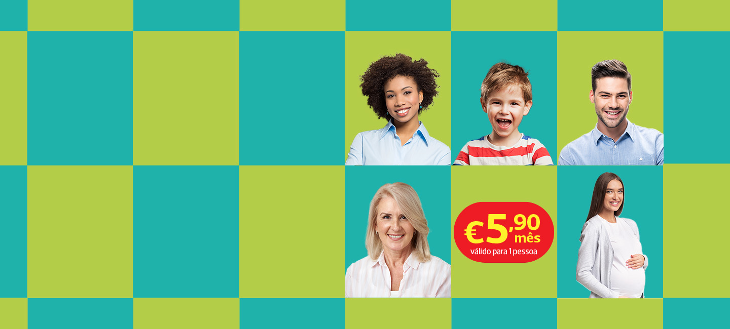 Tem um padrão de quadrados  verdes e azuis . Na imagem há cinco pessoas e tem o valor do seguro por mês que é 5,90