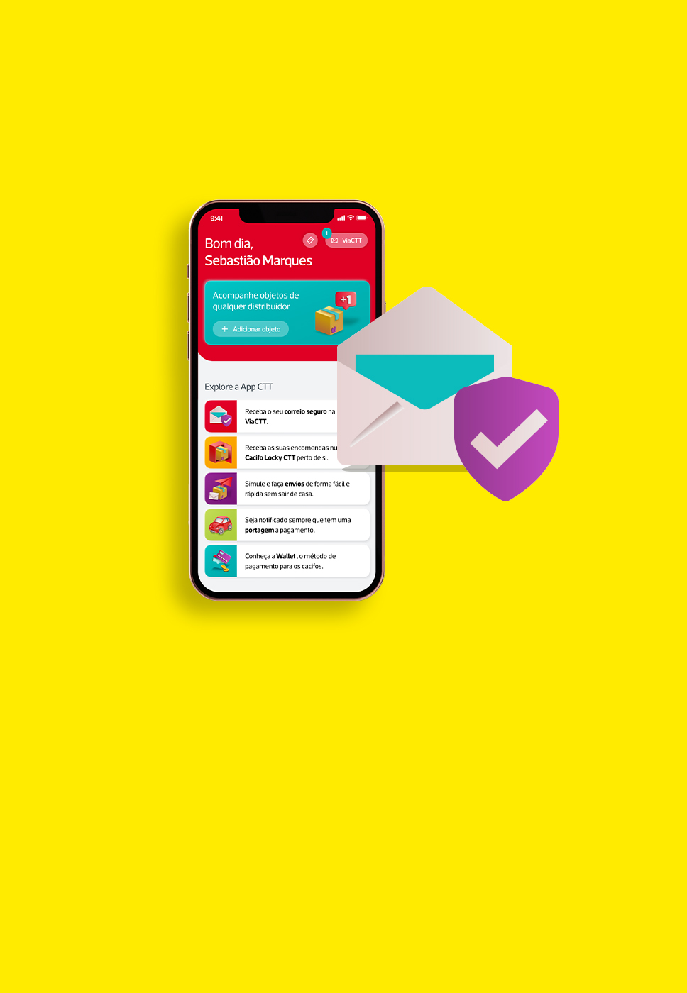 Smartphone com apps visíveis e ícone de envelope com símbolo de verificação em destaque.
