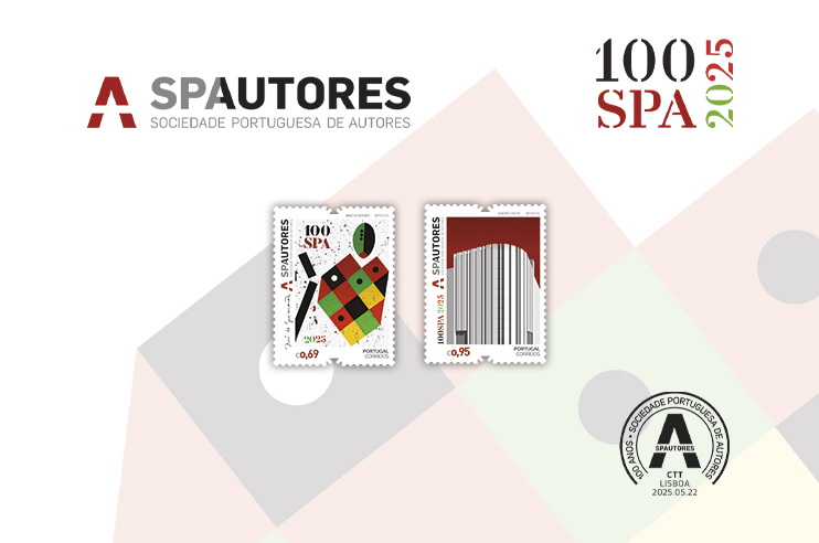 conjunto de dois selos comemorativos da Sociedade Portuguesa de Autores (SPA), no centenário de 2025. um selo com um design a cores e geométrico e outro selo com um design de linhas verticais em várias cores que é a fachada do edifício sede da SPA. No canto inferior direito, há o carimbo circular com o logotipo da SPA