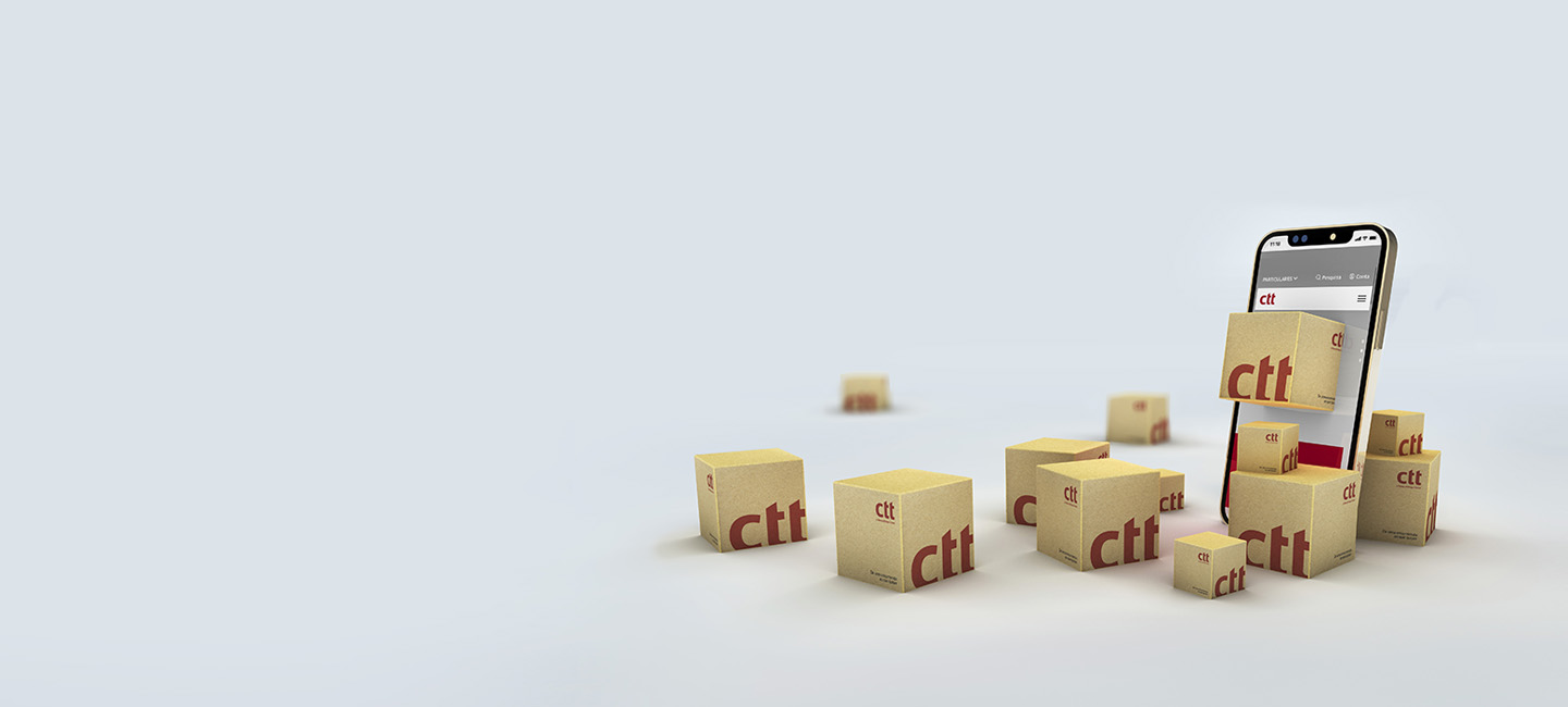 Telemóvel rodeado de caixas de encomendas CTT que simboliza a possibilidade de realizar Envios Online.
