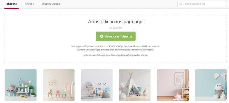 Como arrastar ficheiros , explicação das dimensões dos ficheiros e explicação das extensões dos ficheiros permitidas