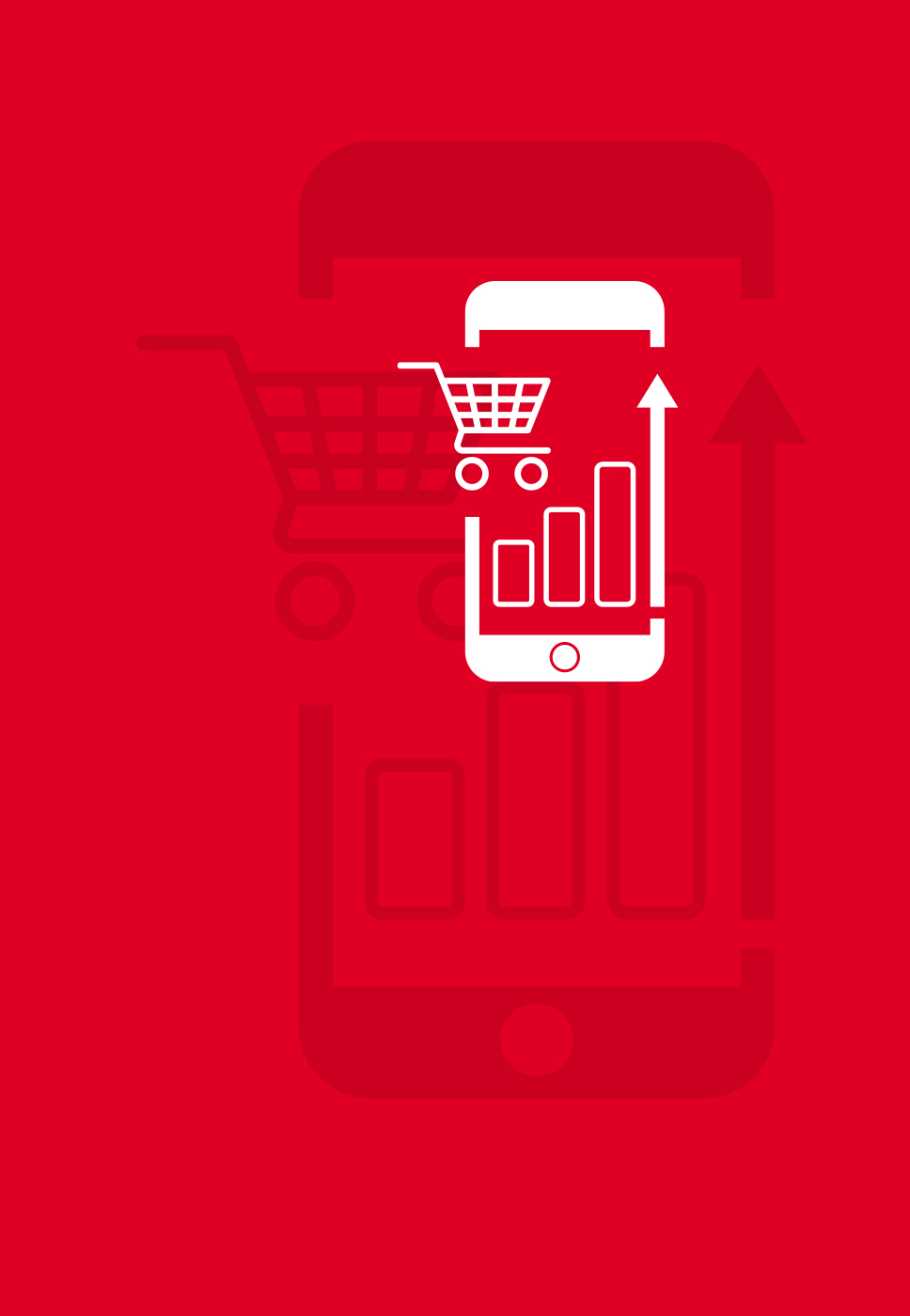 Imagem com fundo encarnado com um símbolo de telemóvel e carrinho de compras