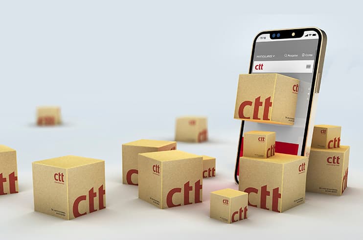 Um telemóvel e várias caixas de envio ao redor que simbolizam os Envios Online.