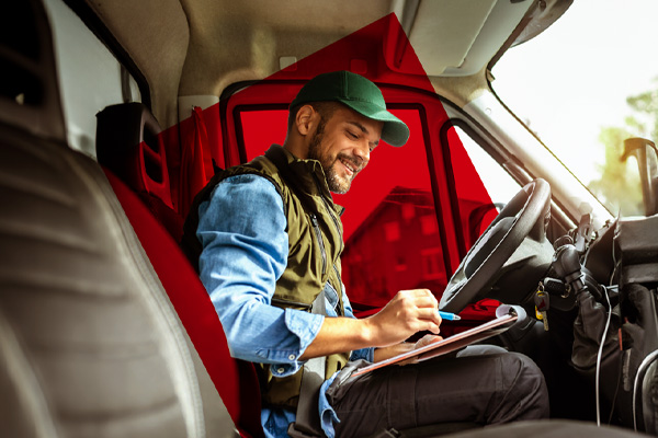 Senhor sentado numa carrinha a tirar anotações.