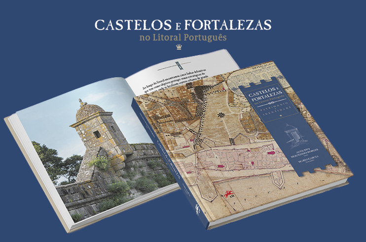 livo com capa e aberto sobre fundo azul  que mosta a torre de uma fortaleza